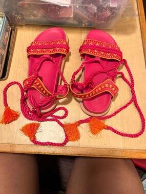 PRETTYLITTLETHING Pink Embroidered Rope Lace-Up Sandals Sz 41/10-10.5
